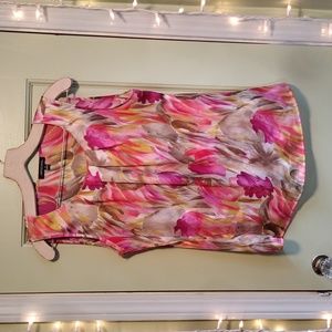 Women's Notations floral faux silk pink yellow orange sleeveless tank Small